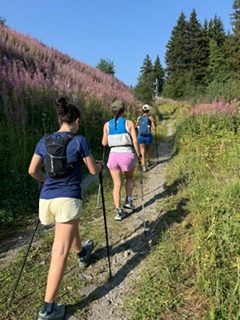 Randonneurs sur un sentier fleuri en été aux Carroz d'Arâches